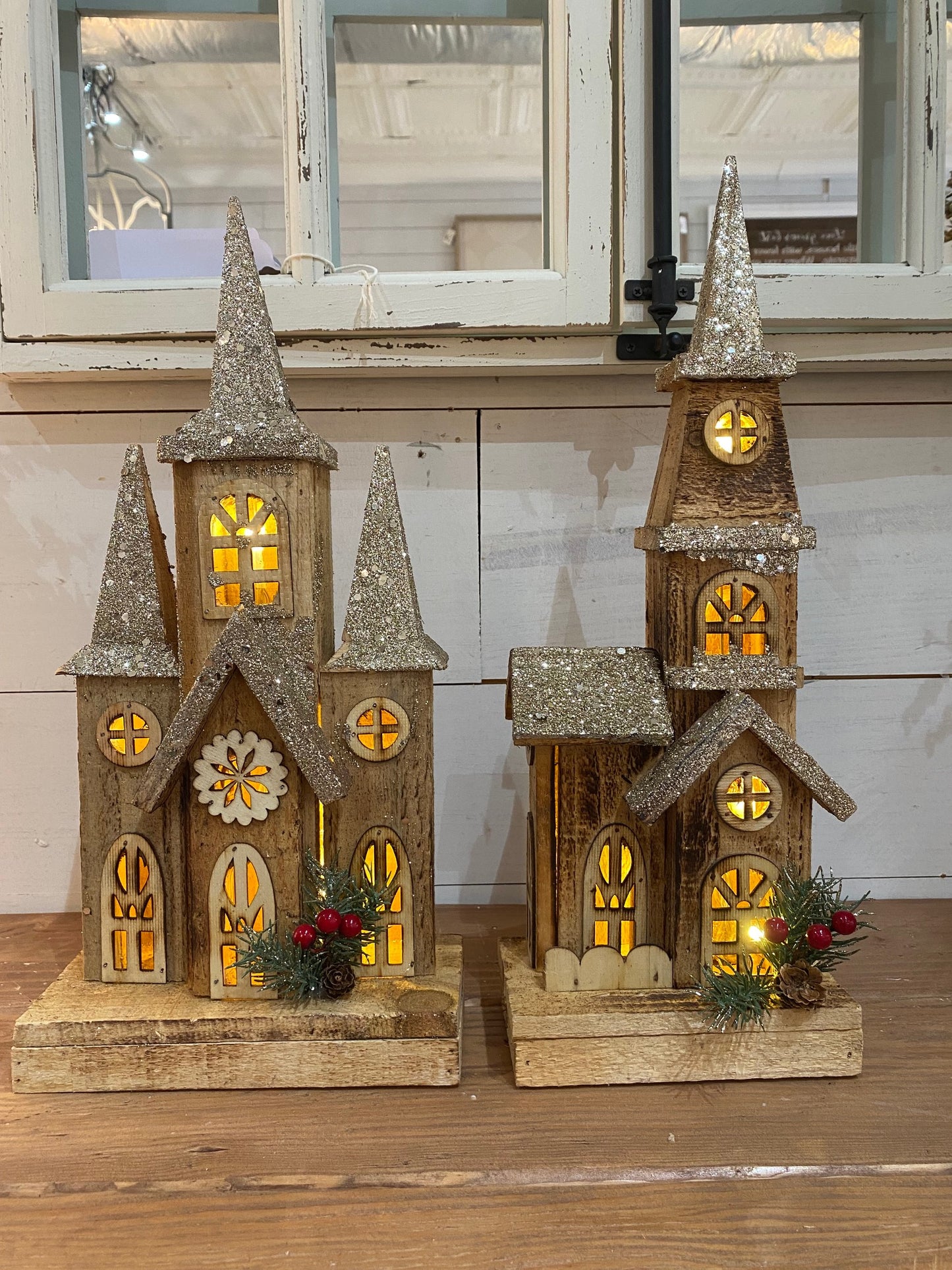 Glitter Lighted Wood Church, 2 sizes