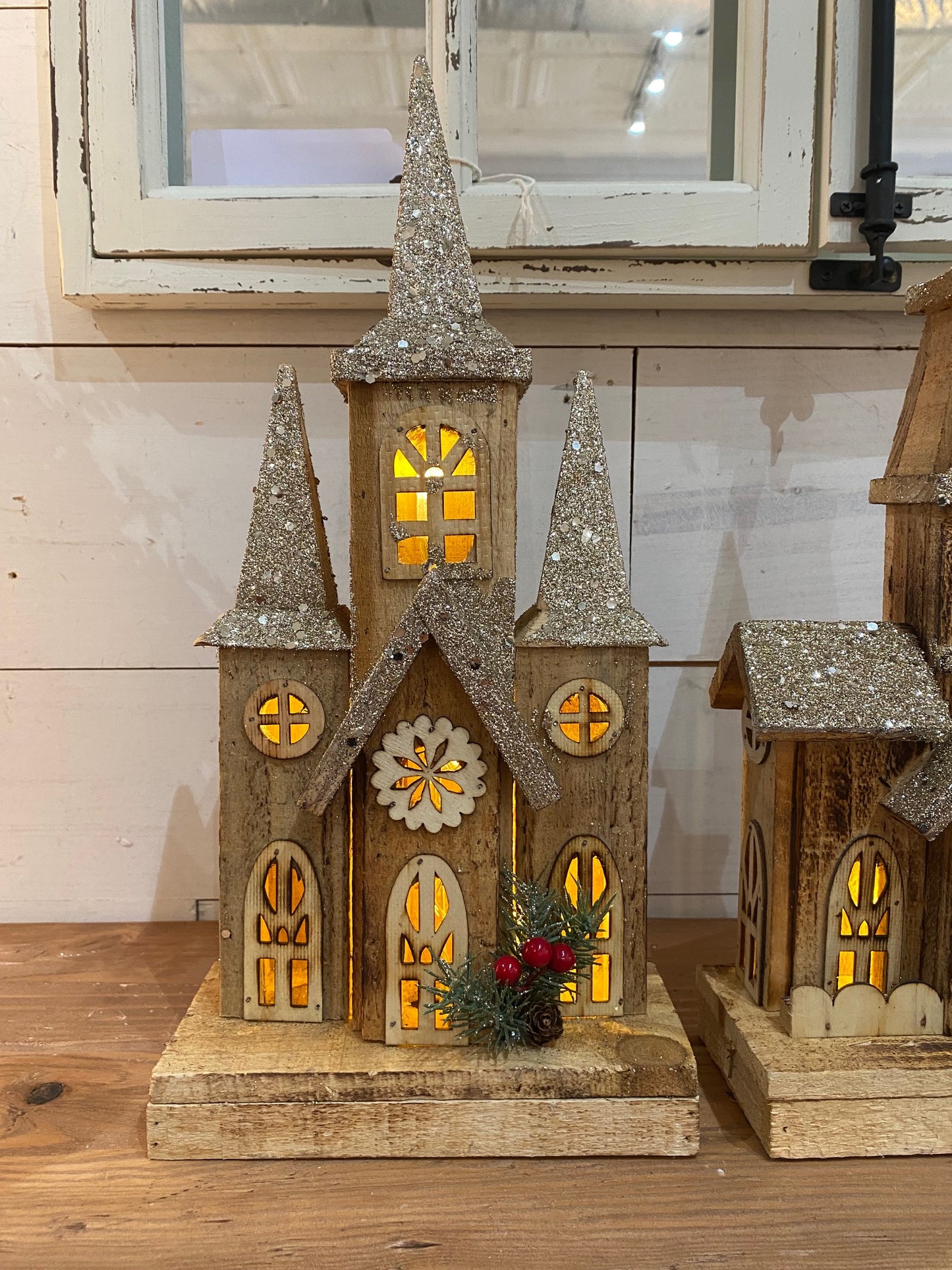 Glitter Lighted Wood Church, 2 sizes