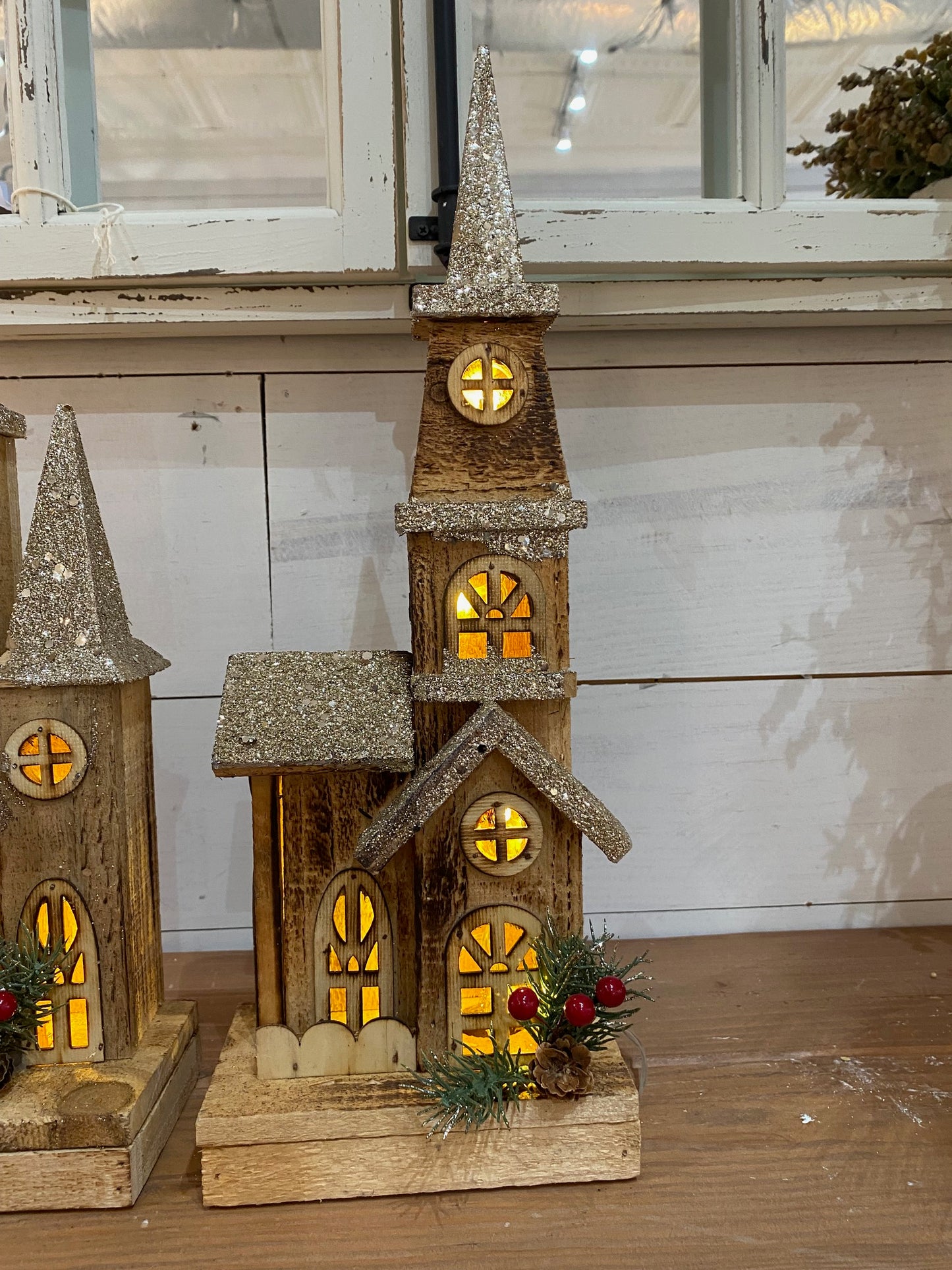 Glitter Lighted Wood Church, 2 sizes