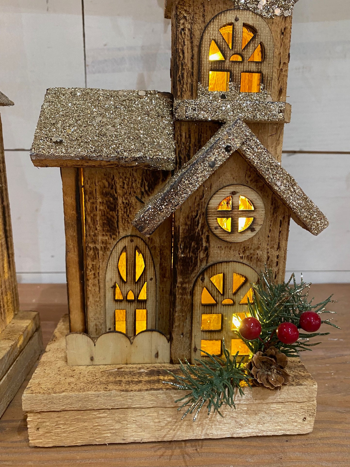 Glitter Lighted Wood Church, 2 sizes