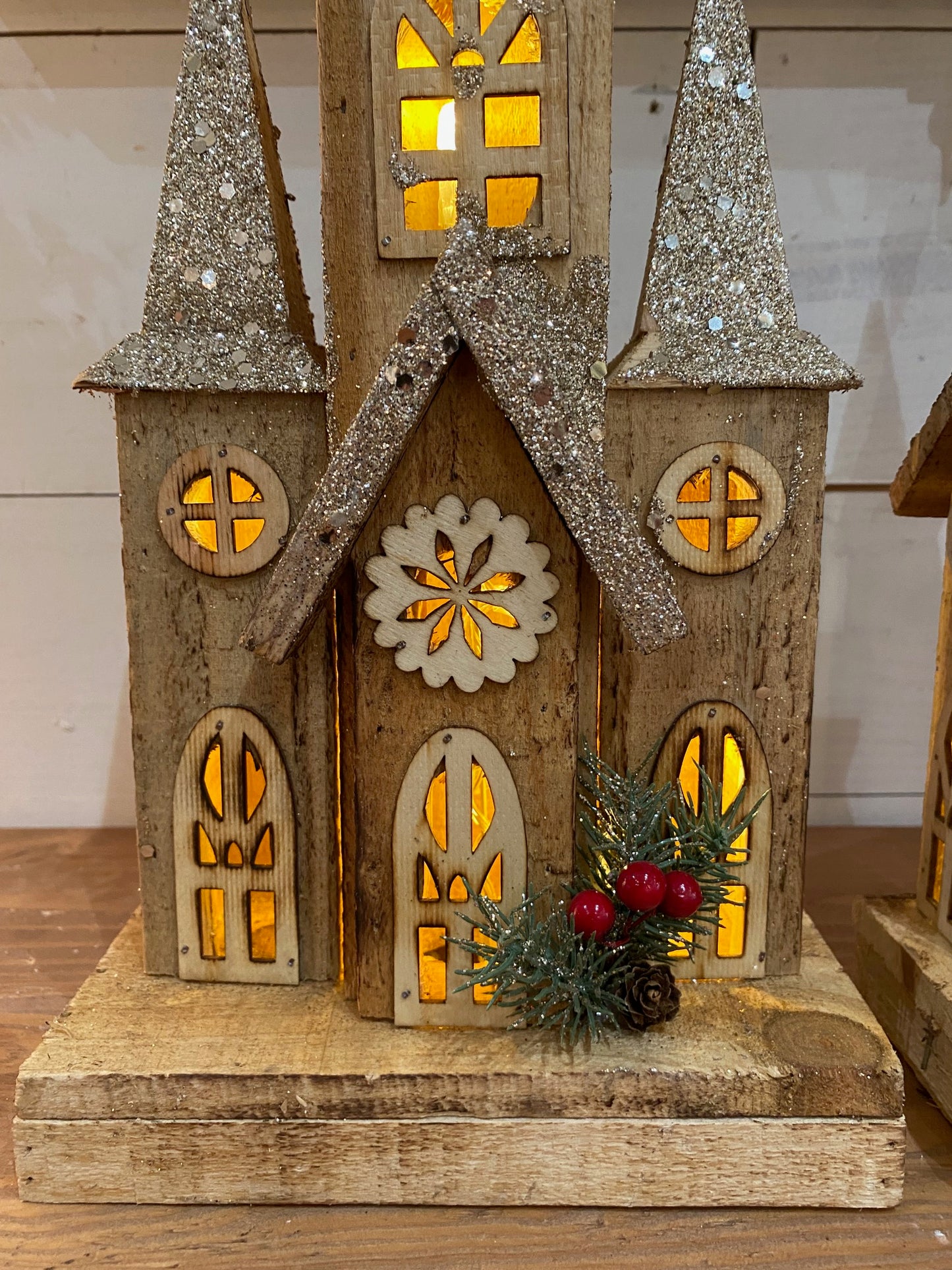 Glitter Lighted Wood Church, 2 sizes