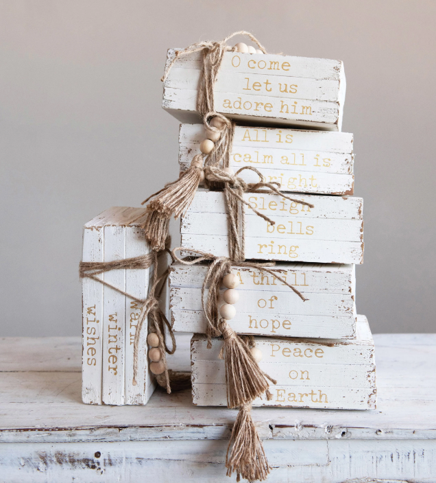 Wood Block Faux Books w/ Holiday Saying, 6 Styles