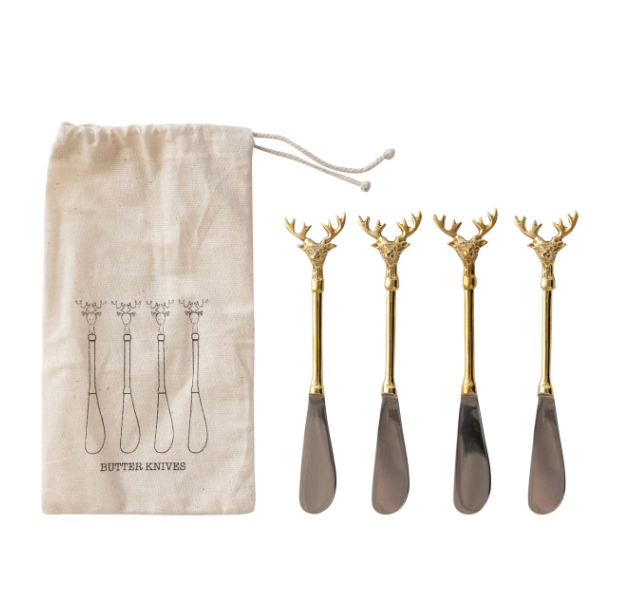 Stainless Steel and Brass Reindeer Canape Knives, Set of 4