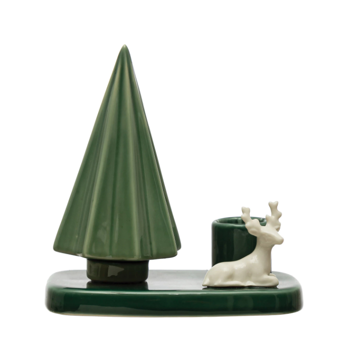 Stoneware Taper Candle Holder with Tree and Deer