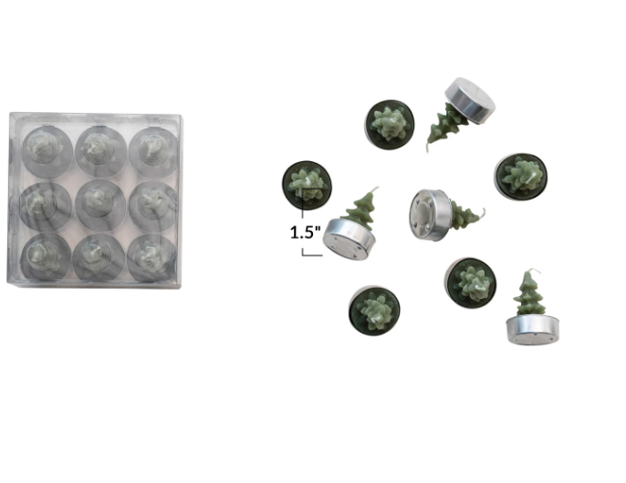 Round Green Unscented Tree Tealights, Set of 9