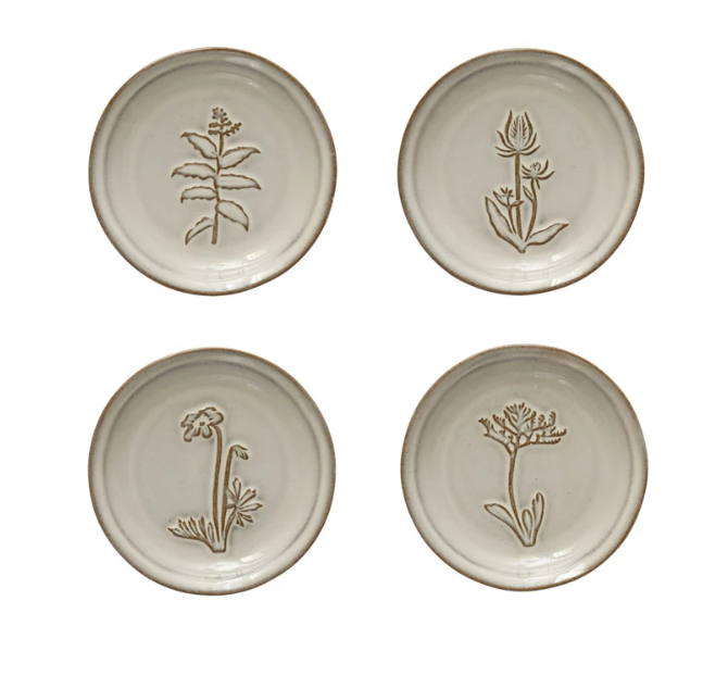 Embossed Stoneware Dish w/ Flower, 4 Styles