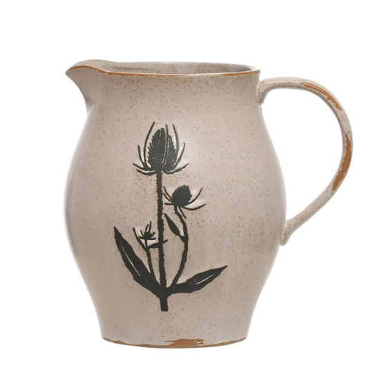 Debossed Stoneware Pitcher w/ Flowers