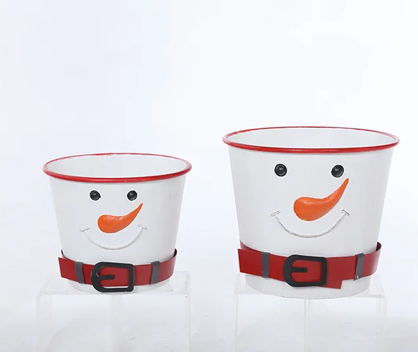 Metal White Belt Snowman Bucket, 2 sizes