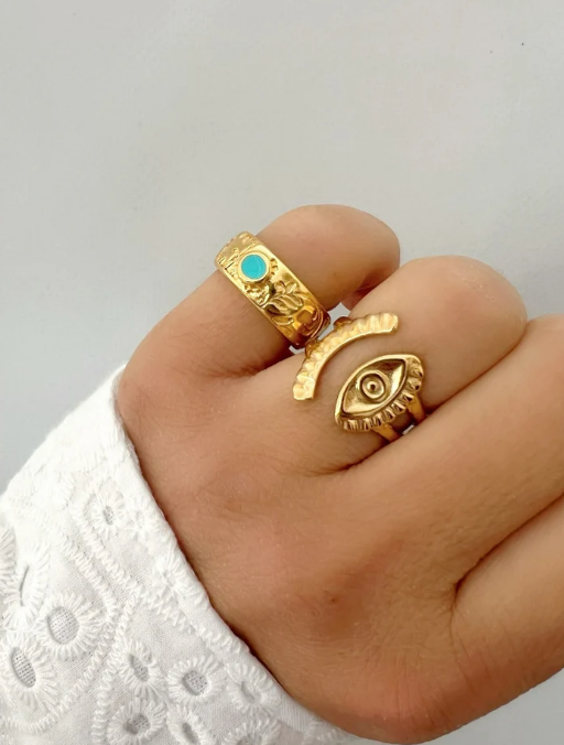 Open Evil Eye, Gold Turquoise Ring