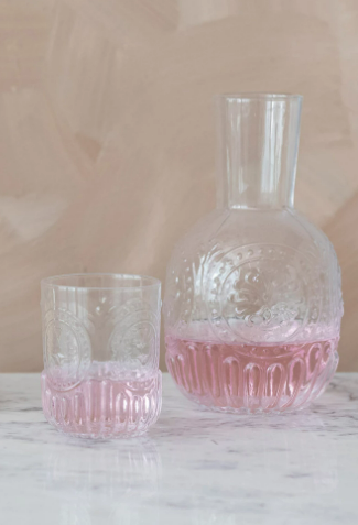 Embossed Glass Carafe w/ 8 oz. Embossed Drinking Glass, Set of 2