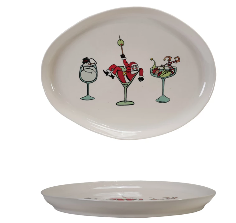 Tipsy Santa Stoneware Platter with Holiday Icon