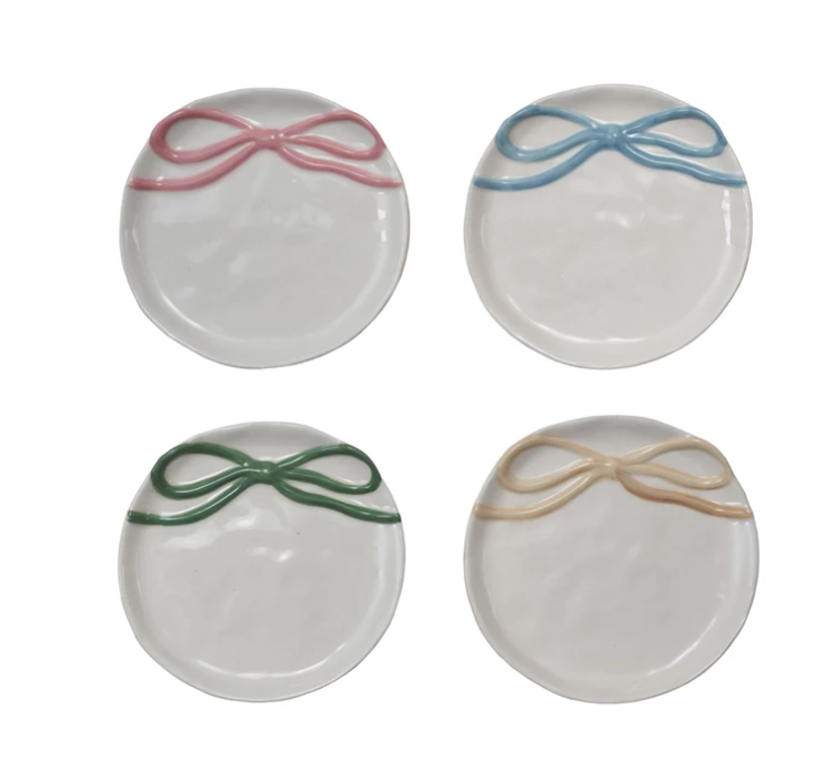 Round Stoneware Dish with Bow, 4 Colors