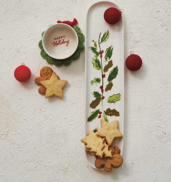 Stoneware Platter & Dish w/ Holly Leaves & Berries