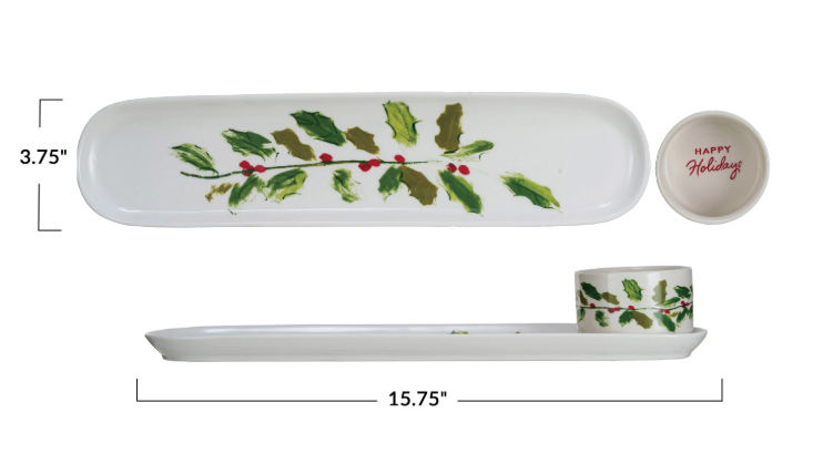 Stoneware Platter & Dish w/ Holly Leaves & Berries