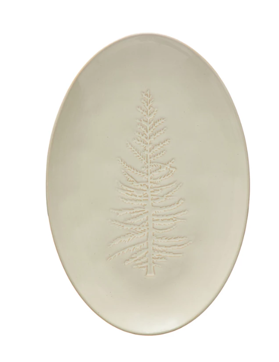 Oval Debossed Stoneware Platter w/ Tree Design