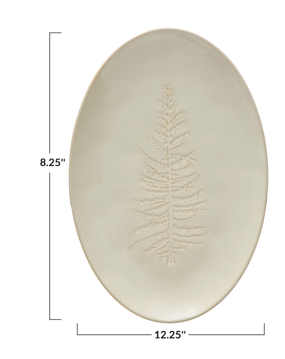 Oval Debossed Stoneware Platter w/ Tree Design