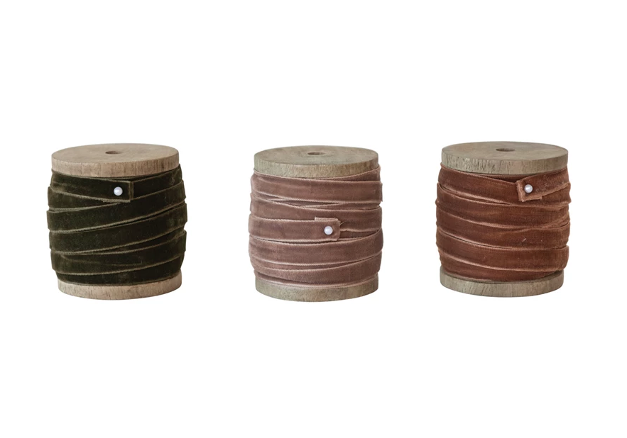10 Yard Velvet Ribbon on Wood Spool, 3 Colors