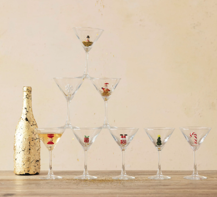Martini Glass with Hand-Blown Holiday Figure, 8 Styles