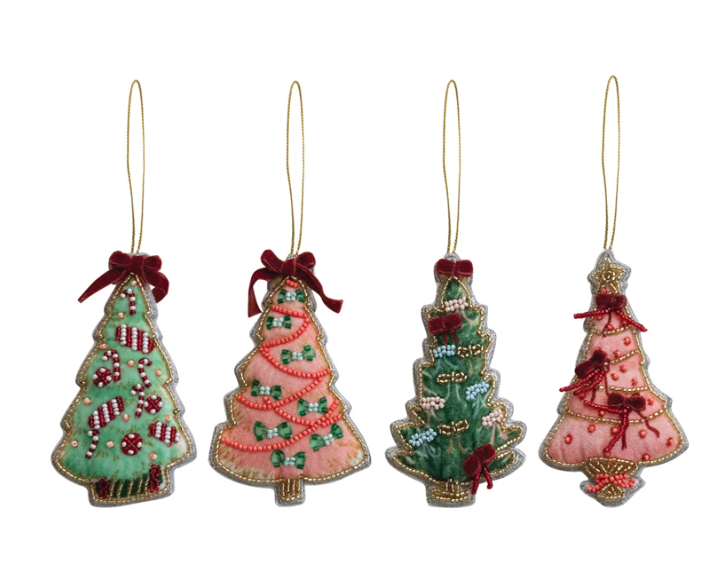 Handmade Beaded Fabric Christmas Tree Ornament, 4 Styles