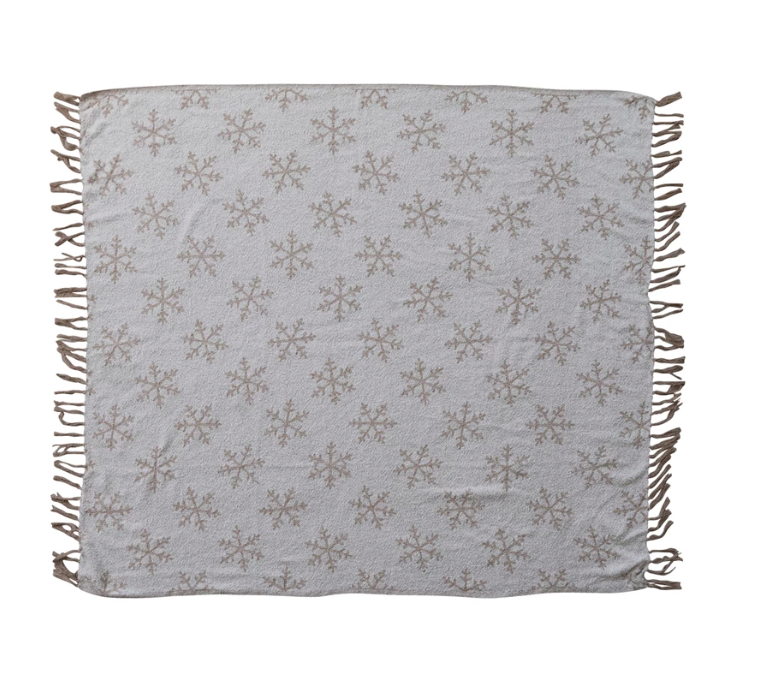 Woven Recycled Throw with Snowflake Pattern & Fringe