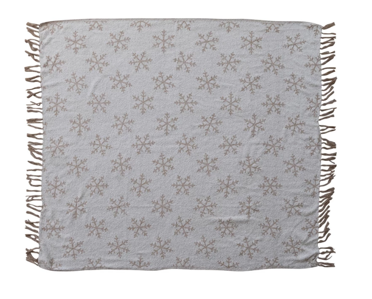 Woven Recycled Fabric Jacquard Throw with Snowflake Pattern & Fringe