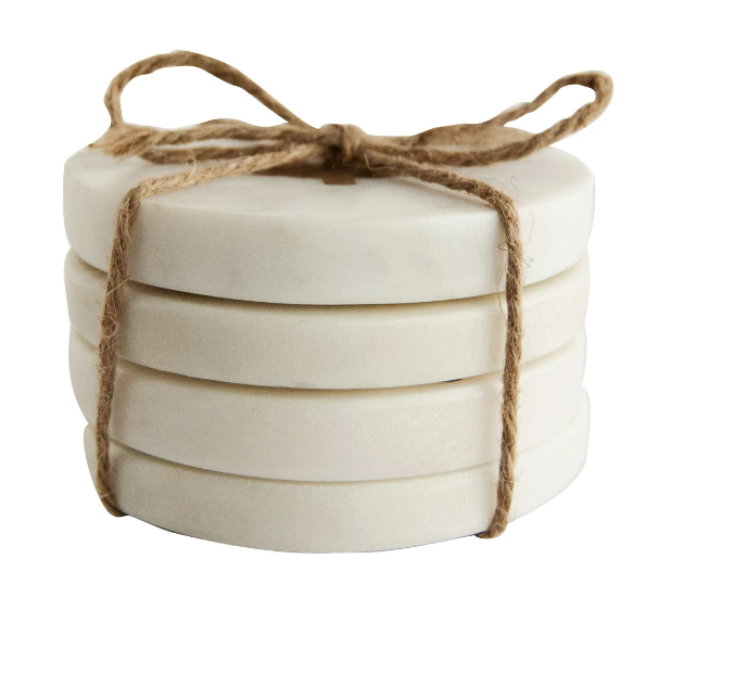 Marble Coasters w/ Brass Tree Inlay, White, Set of 4