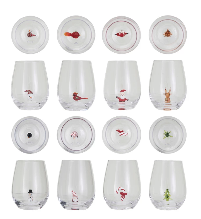 Stemless Wine Glass w/ Holiday Figure Inside, 8 Styles