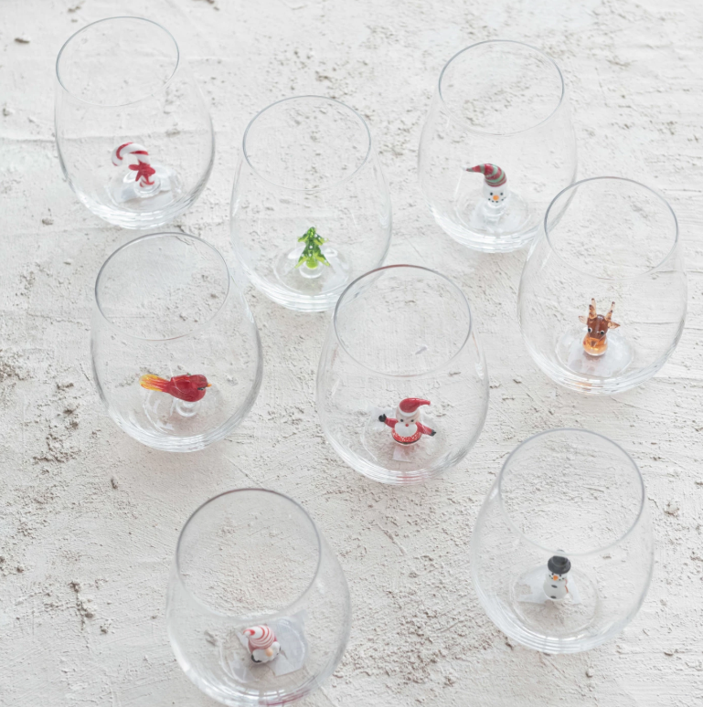 Stemless Wine Glass w/ Holiday Figure Inside, 8 Styles
