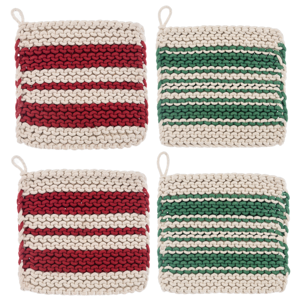 Cotton Crochet Red & Green Stripe Pot Holder Set
