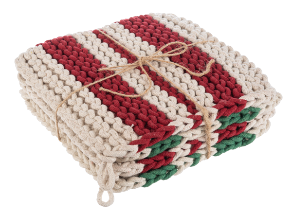 Cotton Crochet Red & Green Stripe Pot Holder Set
