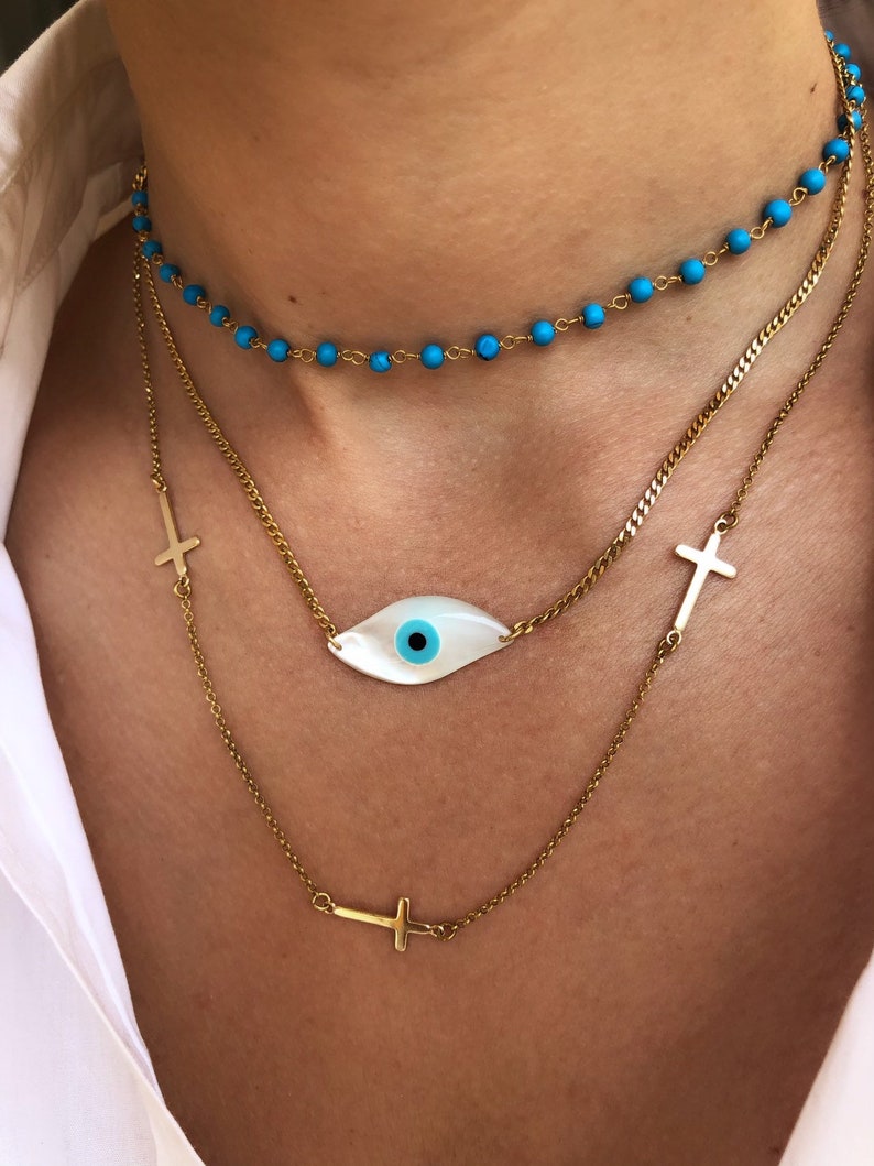 Blue Rosario Necklace, Oval Evil Eye, 3 sideways Cross Necklace