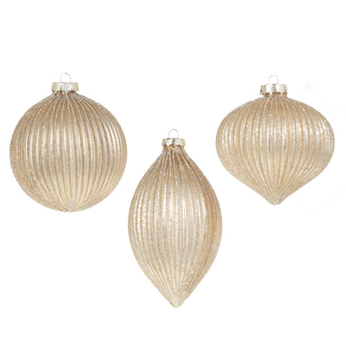 Champagne Glitter Ribbed Ornament, 3 styles