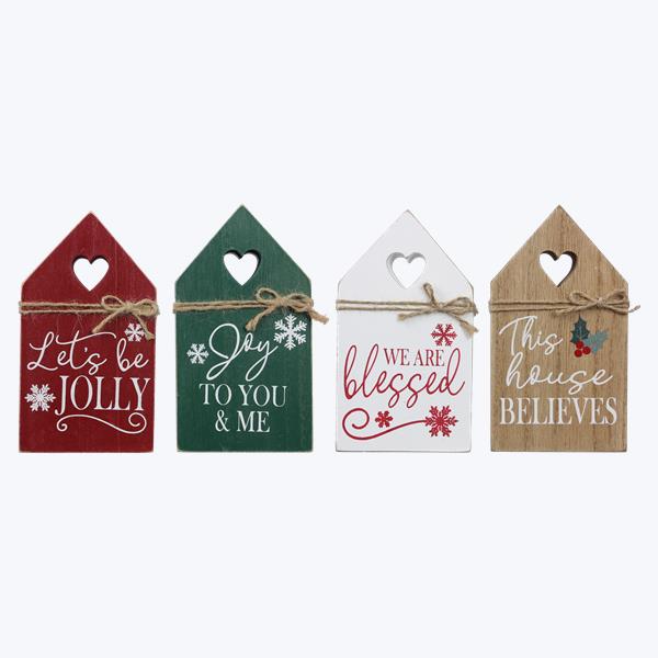 Wood Tabletop Christmas House Shaped Sign, 4 tyles