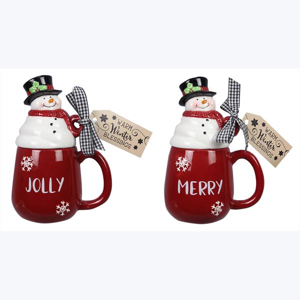 Ceramic Christmas mugs with snowman lid, 2 styles