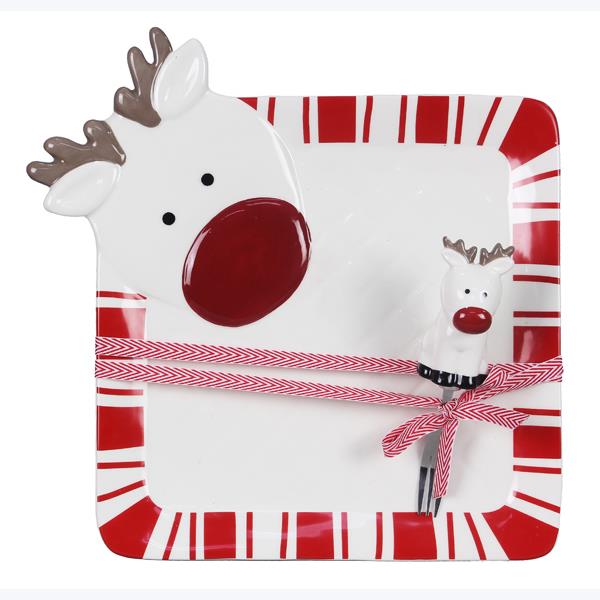 Ceramic Traditional Christmas Snack Plate with Fork Set