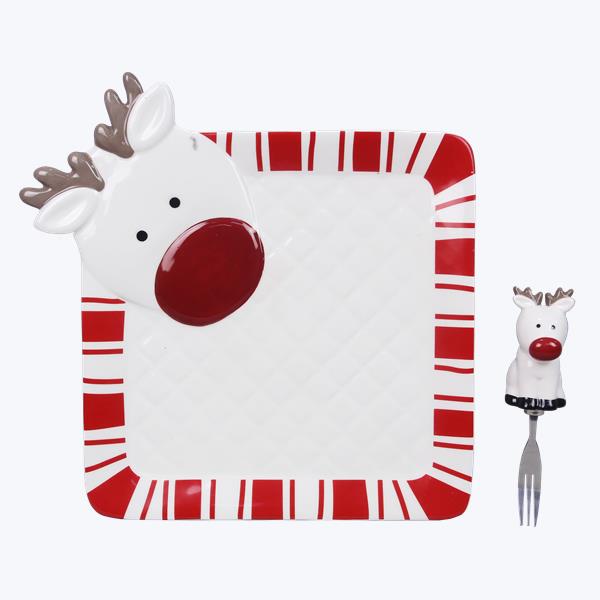 Ceramic Traditional Christmas Snack Plate with Fork Set