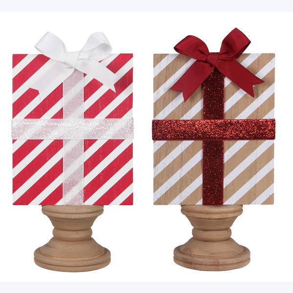 Wood Christmas Gift on Pedestal, 2 styles