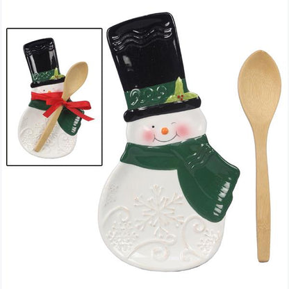 Ceramic Snowman Spoon Rest with Wood Spoon