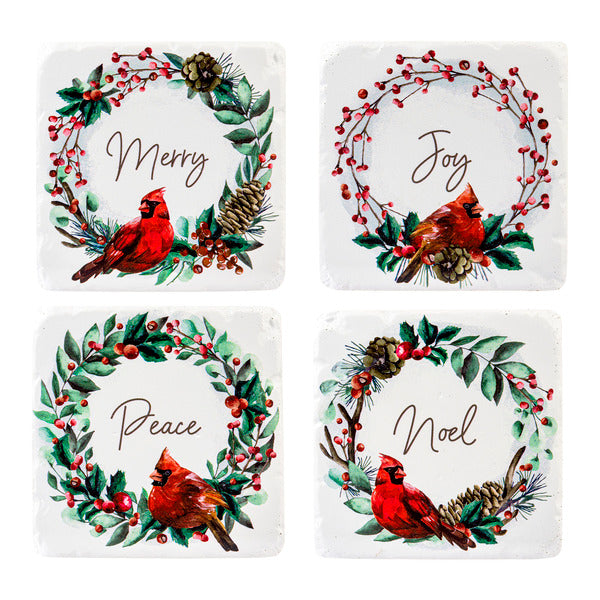 Cardinal in Wreath Coaster Set