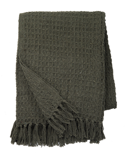 Green Textured Waffle Woven Throw