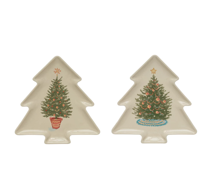 Stoneware Tree Shaped Plate w/ Christmas Tree, 2 Styles