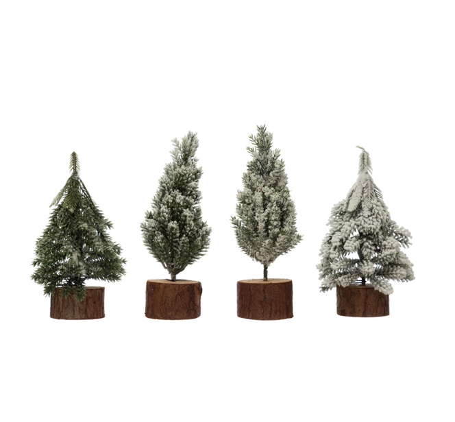 Faux Pine Tree with Wood Slice Base, Snow Finish, 4 Styles