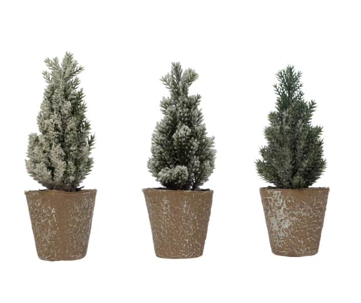 Faux Pine Tree in Paper Pot, Ice Finish, 3 Styles