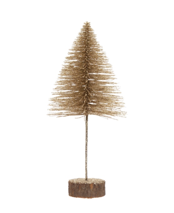 Gold Bottle Brush Tree with Glitter and Wood Slice Base