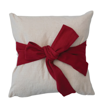 18" Square Pillow w/ Bow, Cream & Red