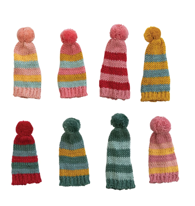 Knit Hat Bottle Topper w/ Stripes & Pom Pom, 8 Colors