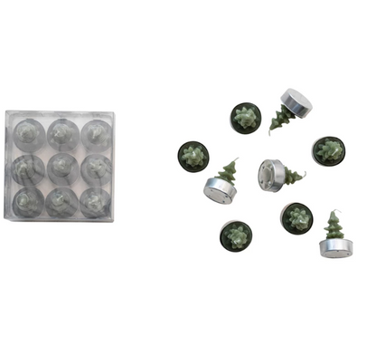 Round Green Unscented Tree Tealights, Set of 9