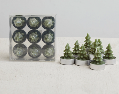 Round Green Unscented Tree Tealights, Set of 9