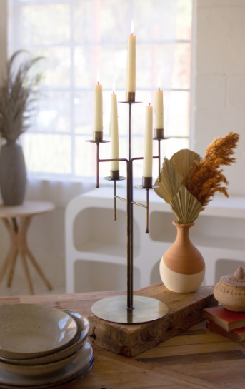 Antique Brass Tabletop Candelabra with Five Taper Candle Holders