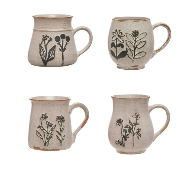 15 oz. Debossed Stoneware Mug w/ Flowers, 4 Styles